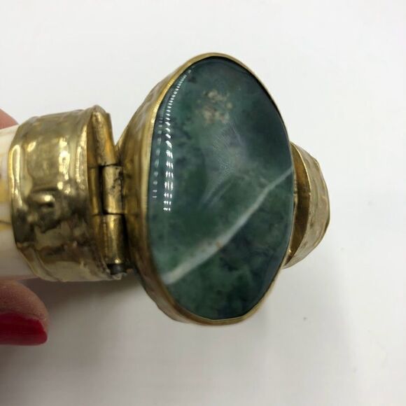 Vintage Ivory Bangle Women's Bracelet Pin Closure Large Moss Agate AS IS - Picture 6 of 13